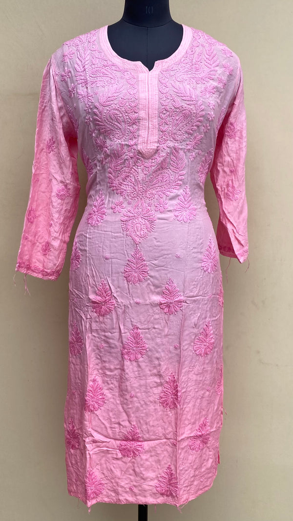 Lucknowi Chikankari Ombre Kurti Pink Muslin Cotton With Self 3D Work