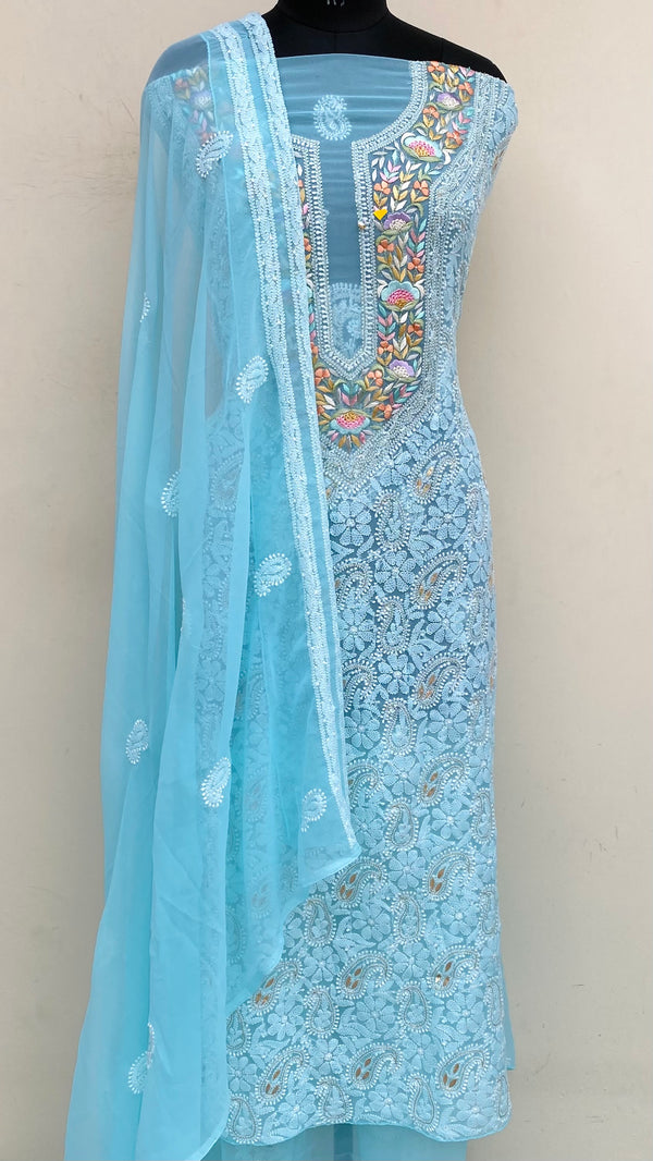 Lucknowi Chikankari Suit Length 3 Piece Blue Georgette With Parsi & Gotta Patti Work