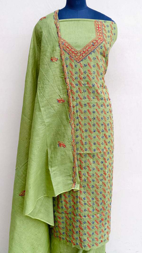 Lucknowi Chikankari Suit Length 3 Piece Green Cotton With Embroidered Cotton Dupatta