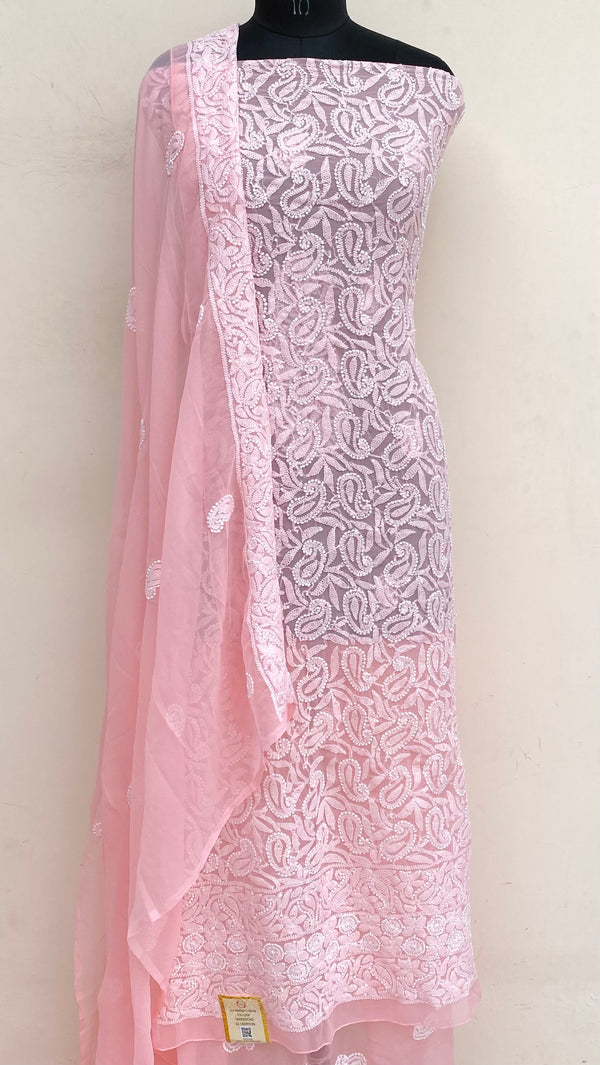 Lucknowi Chikankari Suit Length 3 Piece Peach Georgette