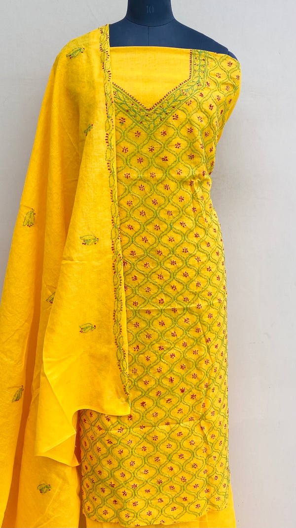 Lucknowi Chikankari Suit Length 3 Piece Yellow Cotton With Embroidered Cotton Dupatta