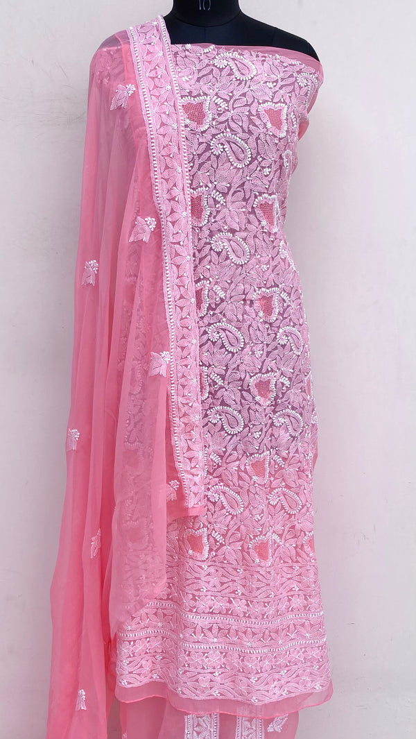 Lucknowi Chikankari Suit Length 3 Piece Gajri Georgette With Jaali Work