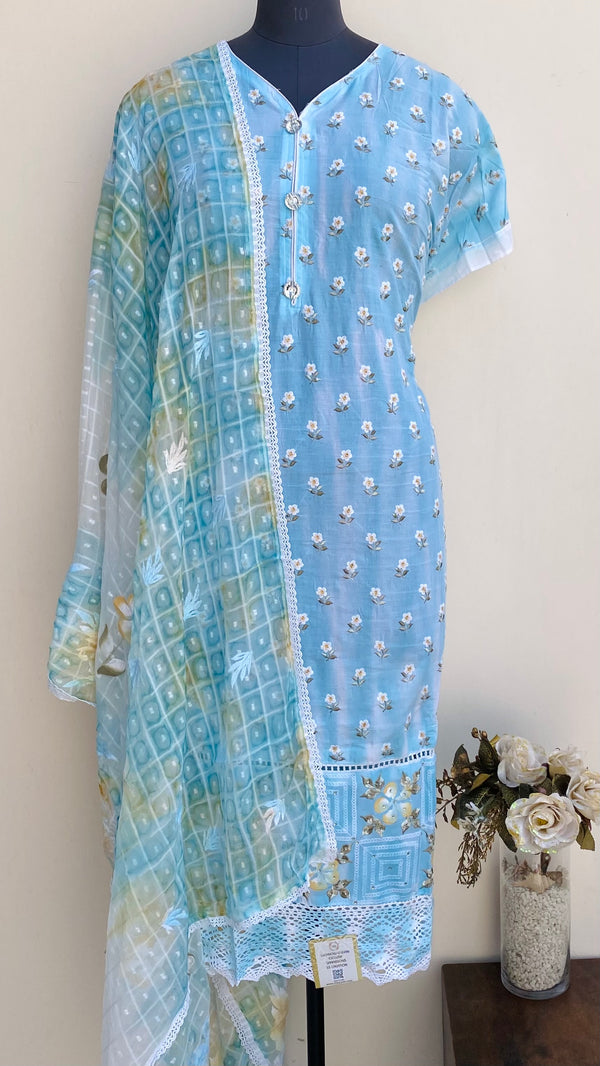 Designer Embroidered Suit Length 3 Piece Blue Mal Cotton