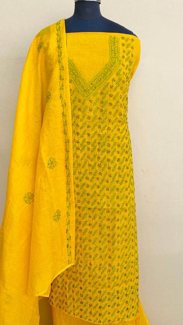 Lucknowi Chikankari Suit Length 3 Piece Yellow Cotton With Embroidered Cotton Dupatta