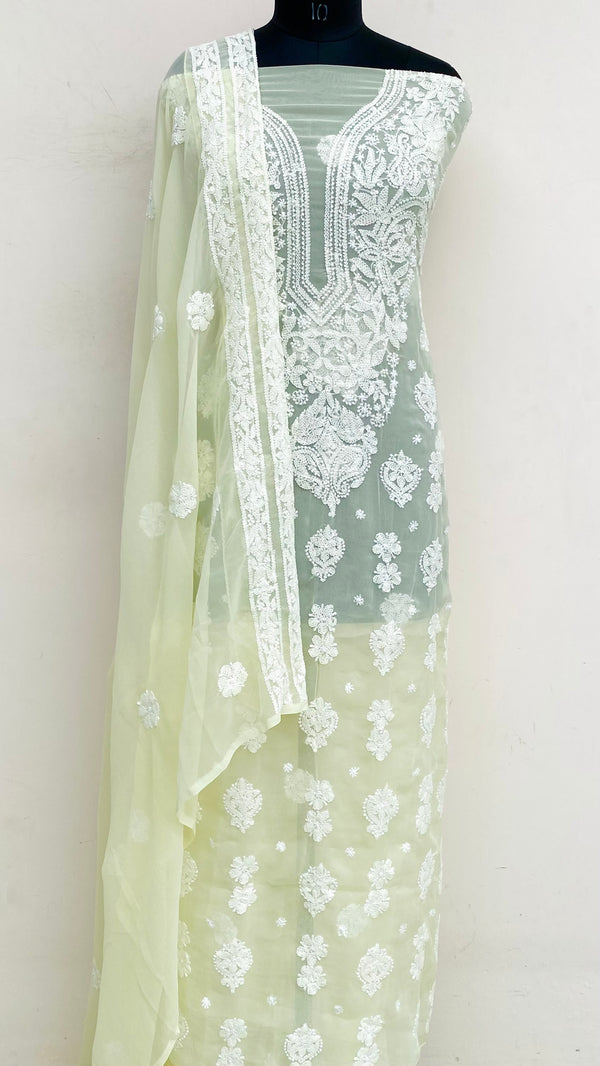 Lucknowi Chikankari Suit Length 3 Piece Lemon Yellow Georgette