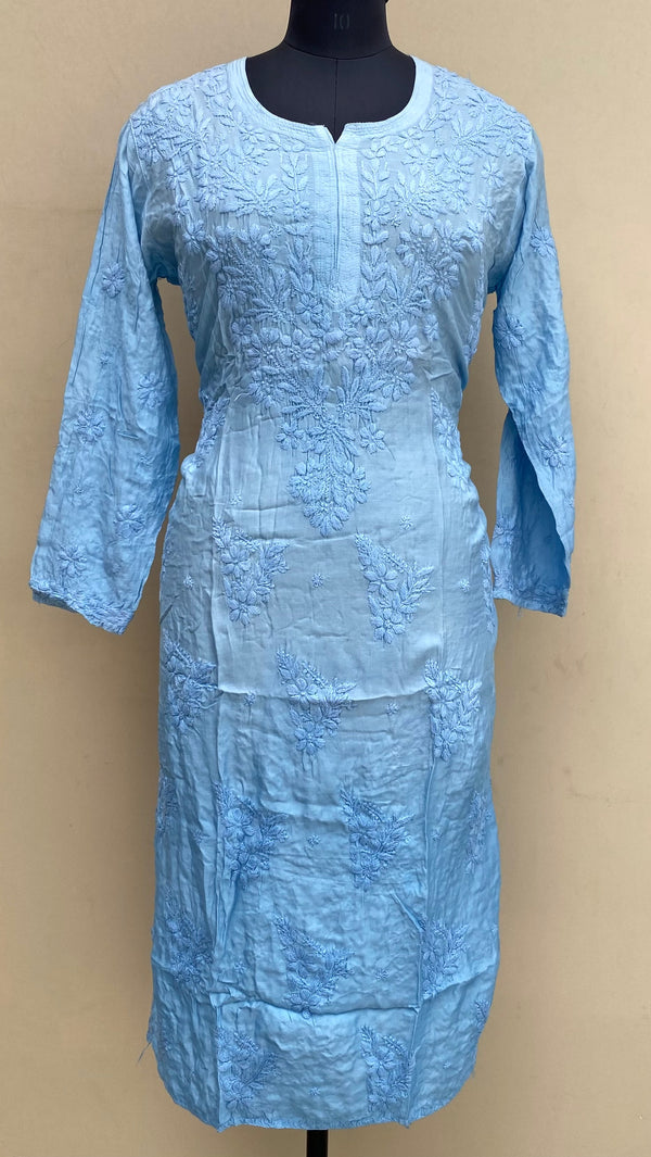 Lucknowi Chikankari Ombre Kurti Powder Blue Muslin Cotton With Self 3D Work