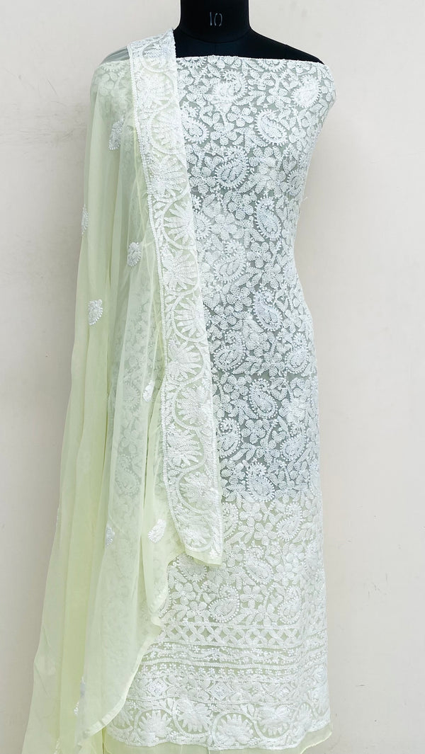 Lucknowi Chikankari Suit Length 3 Piece Lemon Yellow Georgette