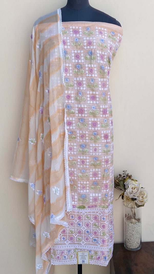 Designer Embroidered Suit Length 3 Piece Peach Organza