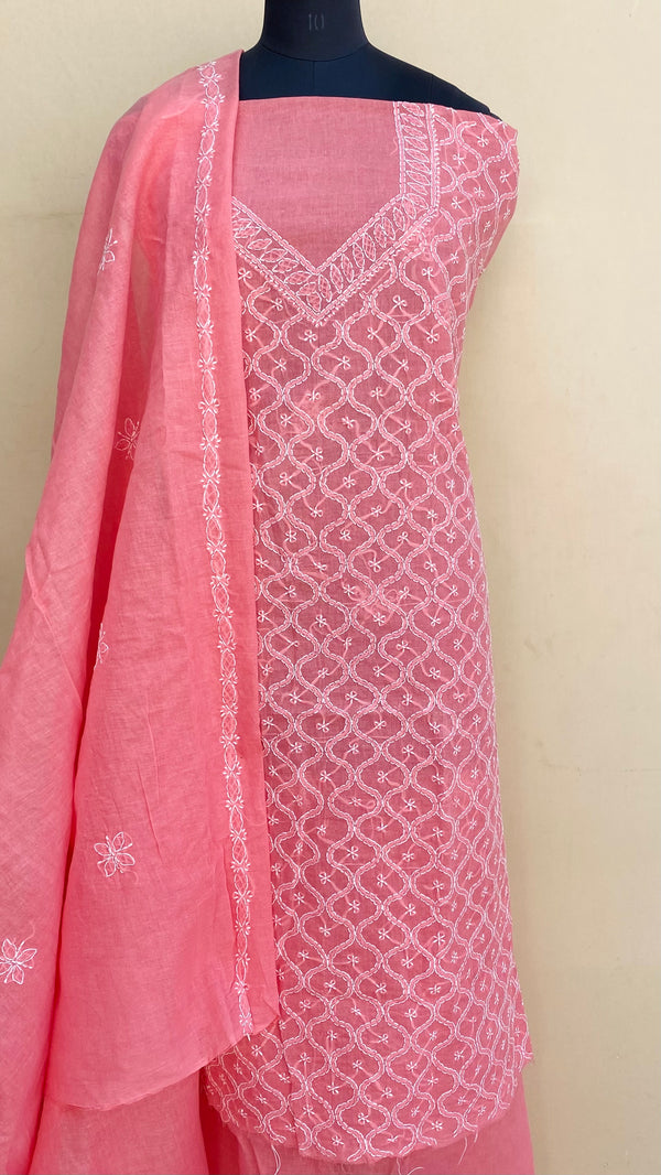 Lucknowi Chikankari Suit Length 3 Piece Gajri Cotton With Embroidered Cotton Dupatta