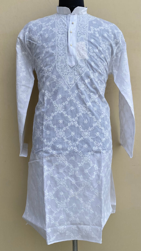 Lucknowi Chikankari Men’s Kurta White Cotton With Jaali Work