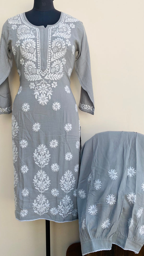 Lucknowi Chikankari Co-ord Set Gray Modal Cotton