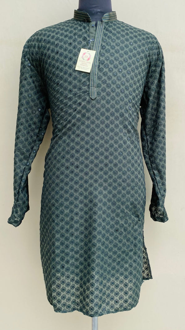 Chikankari Men’s Kurta Green Soft Cotton With Sequence Work