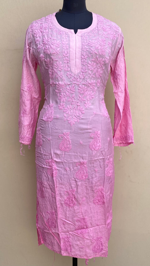 Lucknowi Chikankari Ombre Kurti Pink Muslin Cotton With Self 3D Work