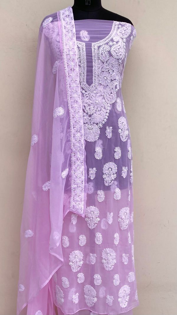 Lucknowi Chikankari Suit Length 3 Piece Pink Georgette