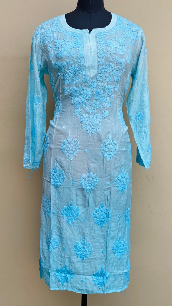 Lucknowi Chikankari Ombre Kurti Blue Muslin Cotton With Self 3D Work