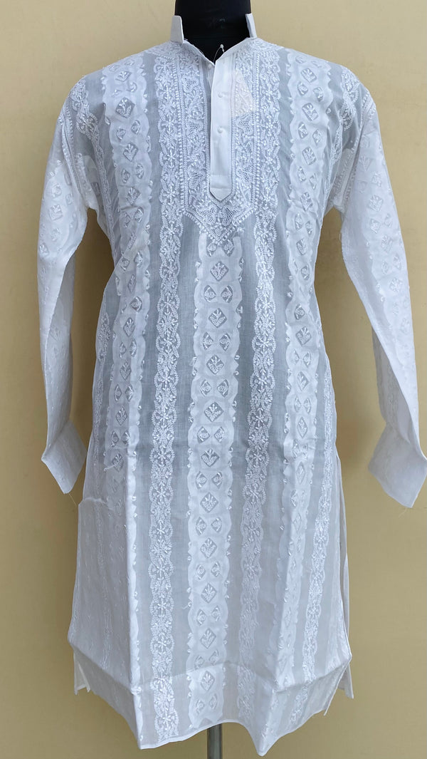 Lucknowi Chikankari Men’s Kurta White Cotton With Jaali & Applique Work