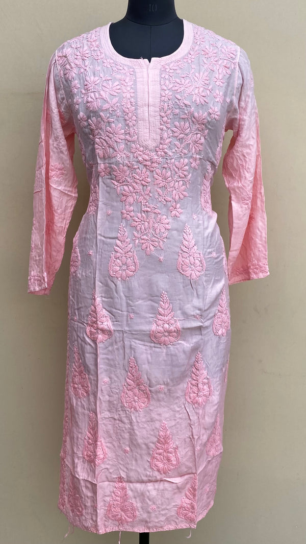 Lucknowi Chikankari Ombre Kurti Pink Muslin Cotton With Self 3D Work