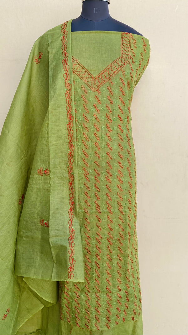 Lucknowi Chikankari Suit Length 3 Piece Mahendi Green Cotton With Embroidered Cotton Dupatta