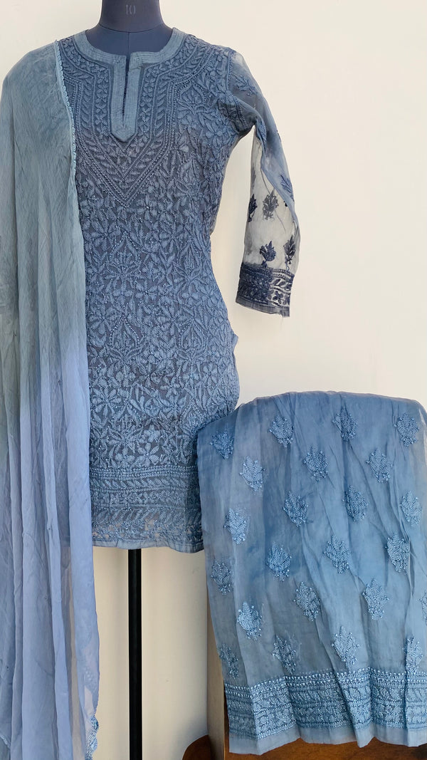 Lucknowi Chikankari Co-ord Set Gray Organza With Resham Work