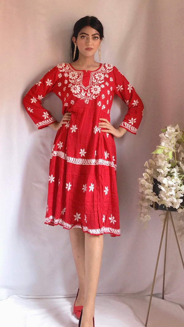 Lucknowi Chikankari Dress Red Soft Modal Cotton