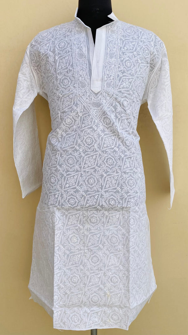 Lucknowi Chikankari Men’s White Cotton With Jaali Work