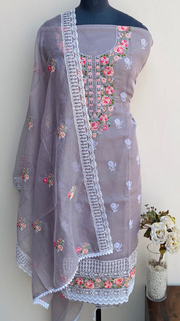 Designer Embroidered Suit Length 3 Piece Gray Kota