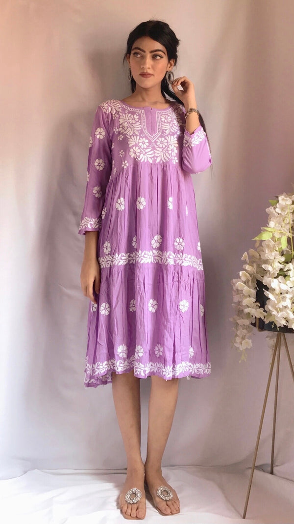 Lucknowi Chikankari Dress Purple Soft Modal Cotton