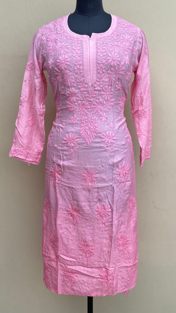 Lucknowi Chikankari Ombre Kurti Pink Muslin Cotton With Self 3D Work