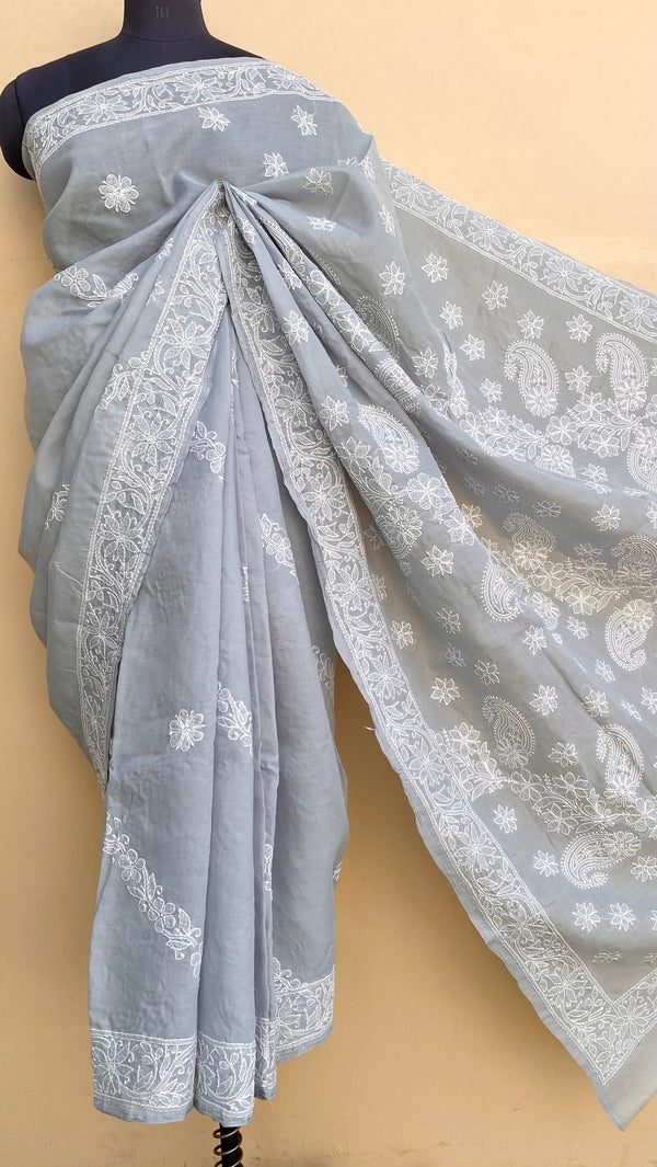 Lucknowi Chikankari Saree Gray Cotton