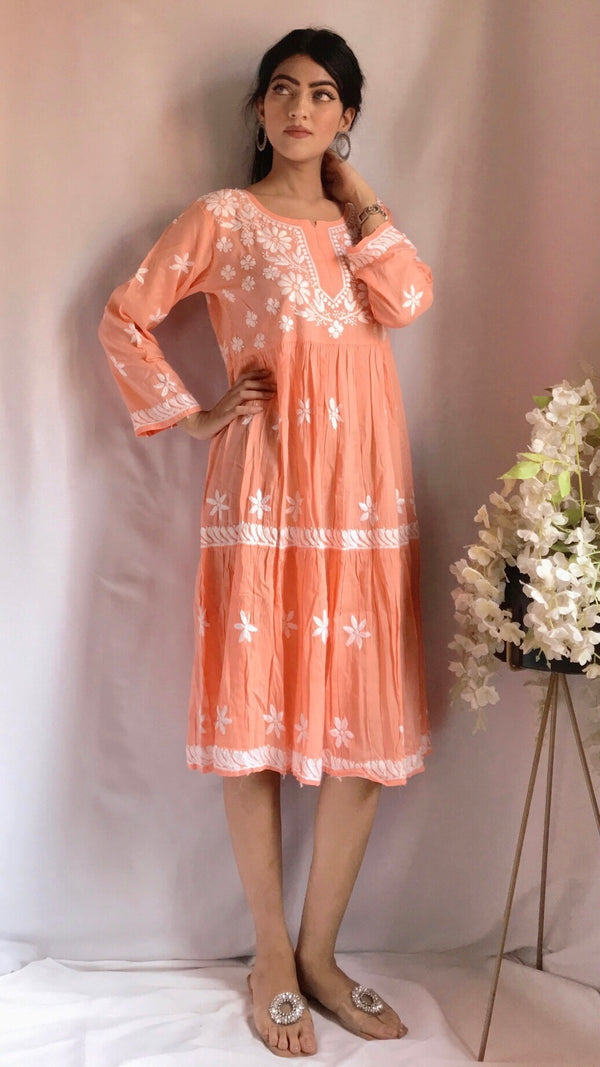 Lucknowi Chikankari Dress Peach Soft Modal Cotton