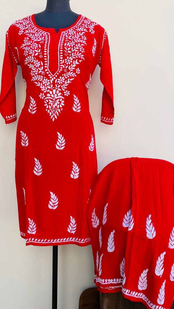 Lucknowi Chikankari Co-ord Set Red Modal Cotton