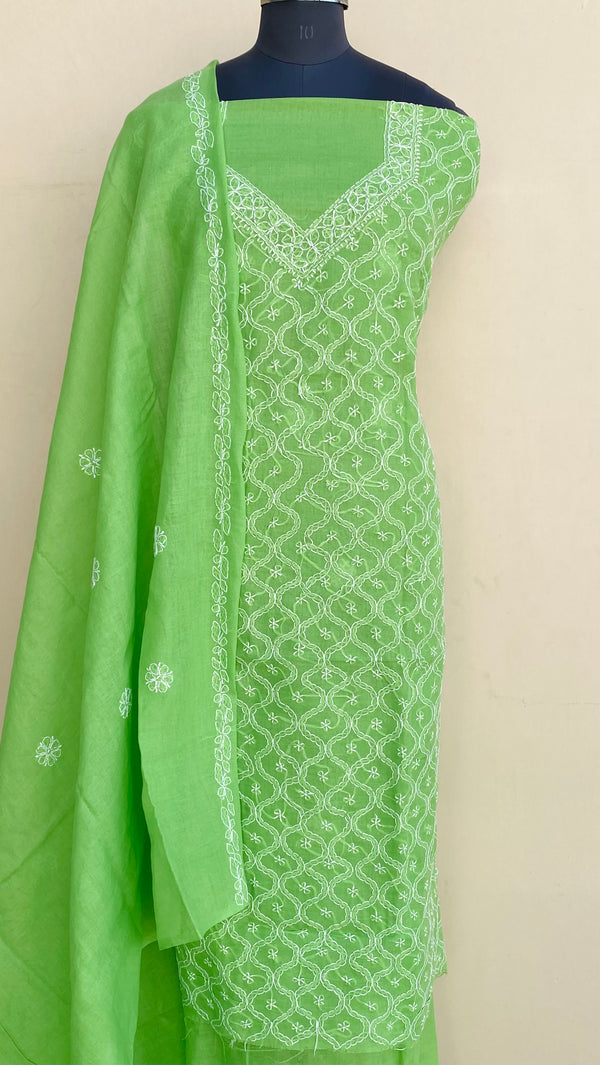 Lucknowi Chikankari Suit Length 3 Piece Parrot Green  Cotton With Embroidered Cotton Dupatta