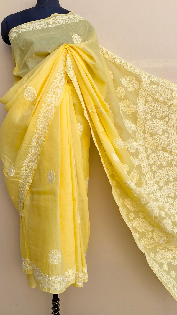 Lucknowi Chikankari Saree Yellow Cotton