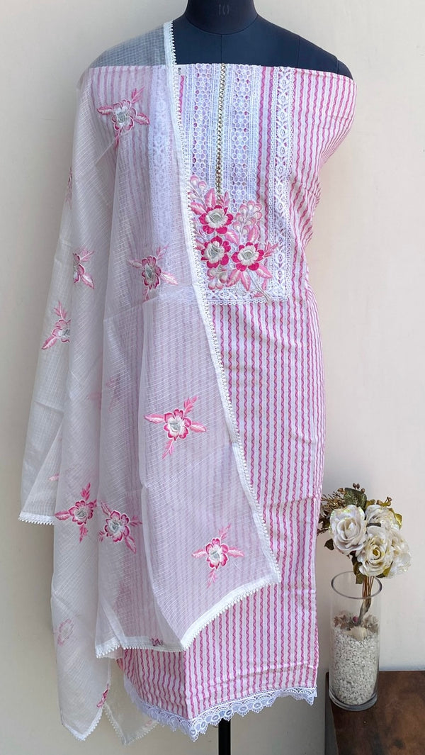 Designer Embroidered Suit Length 3 Piece Pink Linen