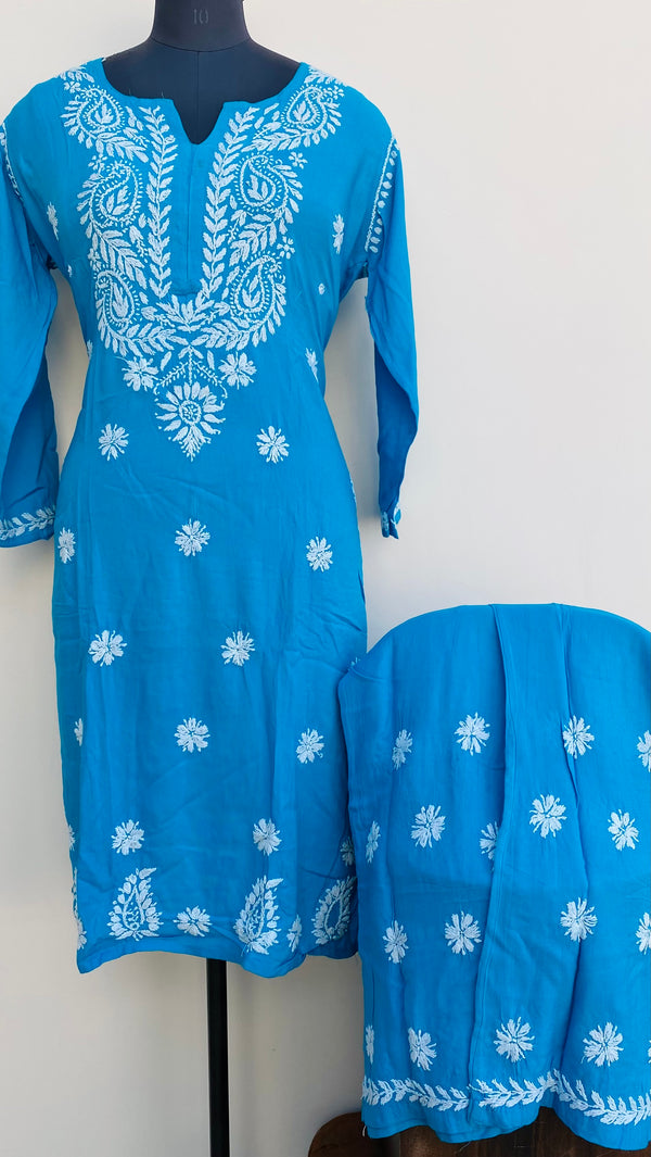 Lucknowi Chikankari Co-ord Set Blue Modal Cotton