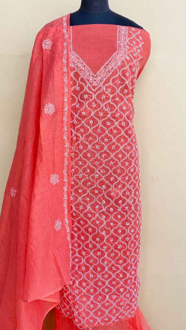 Lucknowi Chikankari Suit Length 3 Piece Gajri Cotton With Embroidered Cotton Dupatta