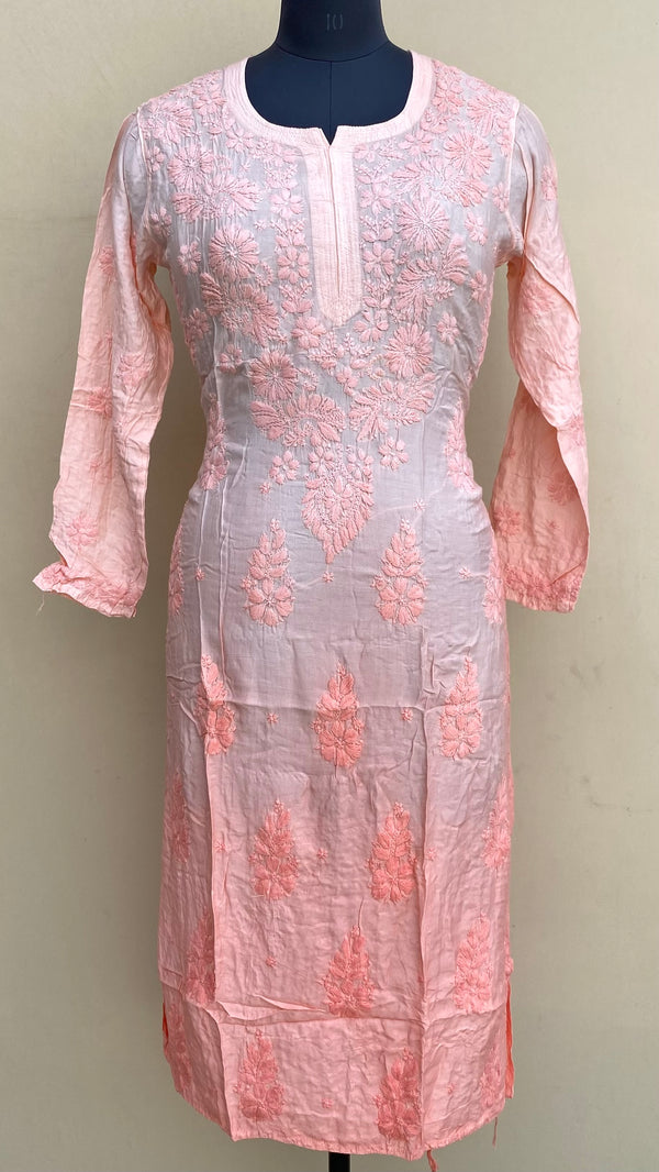Lucknowi Chikankari Ombre Kurti Peach Muslin Cotton With Self 3D Work