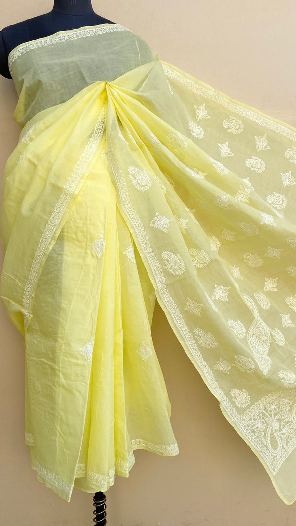 Lucknowi Chikankari Saree Yellow Cotton With Jaali Work