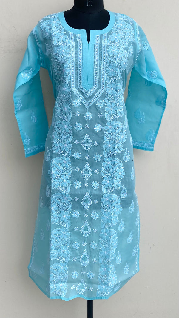 Lucknowi Chikankari Kurti Blue Cotton With Jaali Work