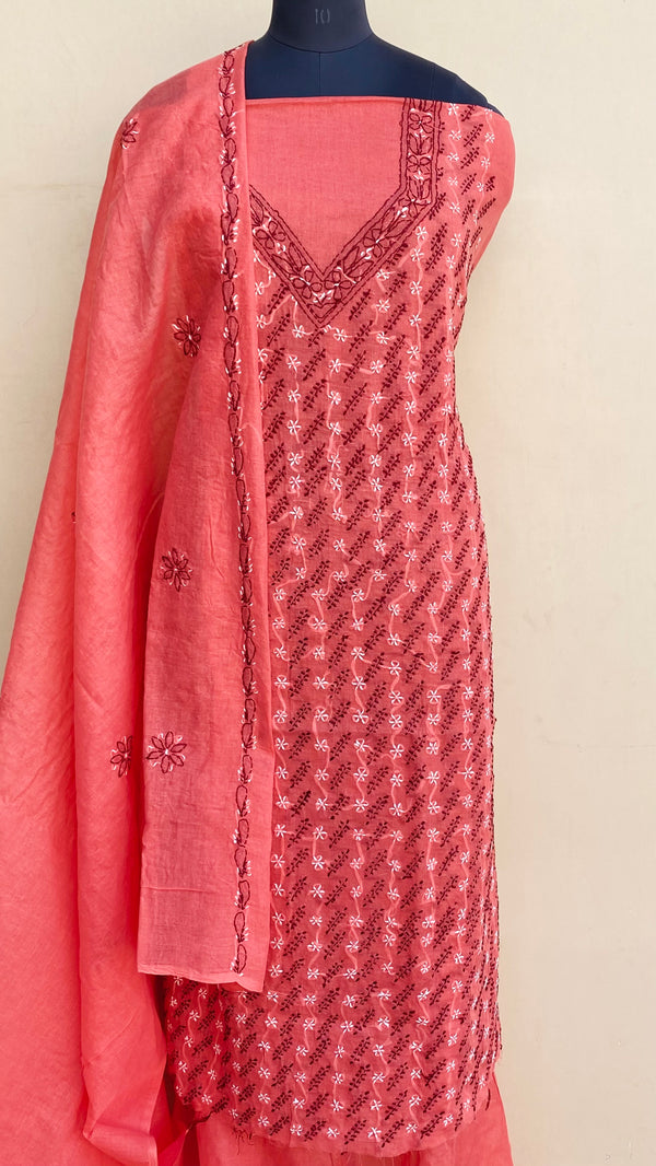 Lucknowi Chikankari Suit Length 3 Piece Gajri Cotton With Embroidered Cotton Dupatta