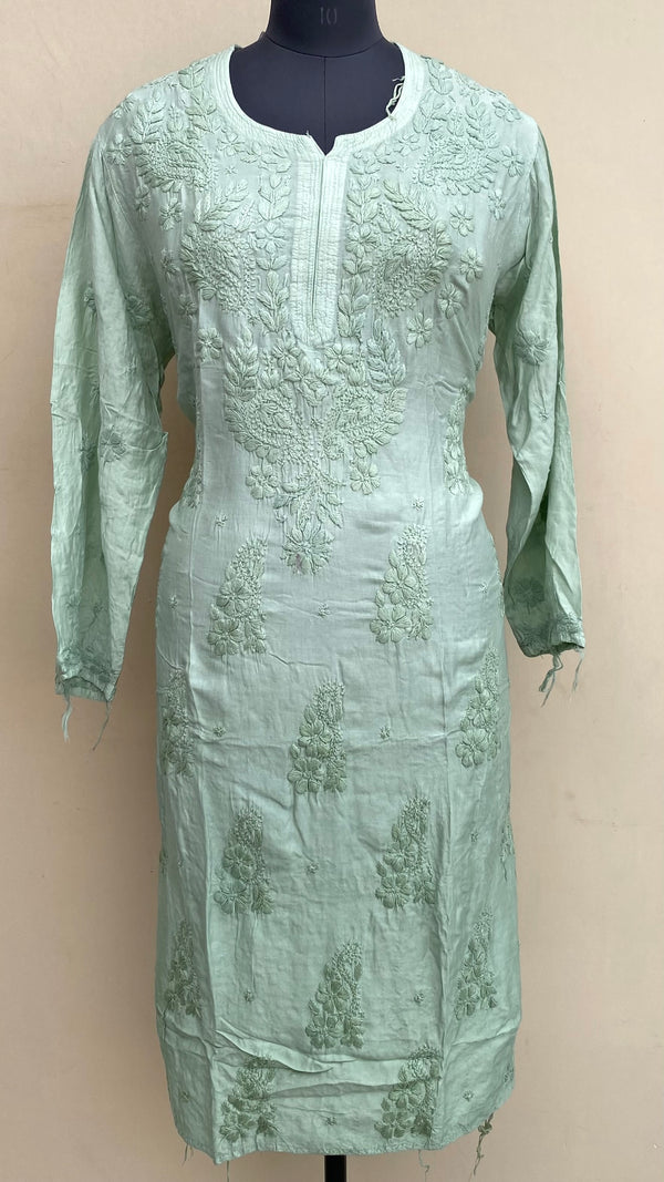 Lucknowi Chikankari Ombre Kurti Pista Green Muslin Cotton With Self 3D Work