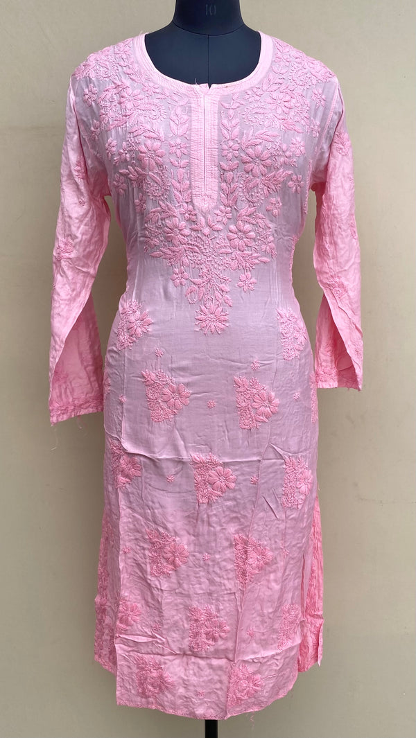 Lucknowi Chikankari Ombre Kurti Pink Muslin Cotton With Self 3D Work