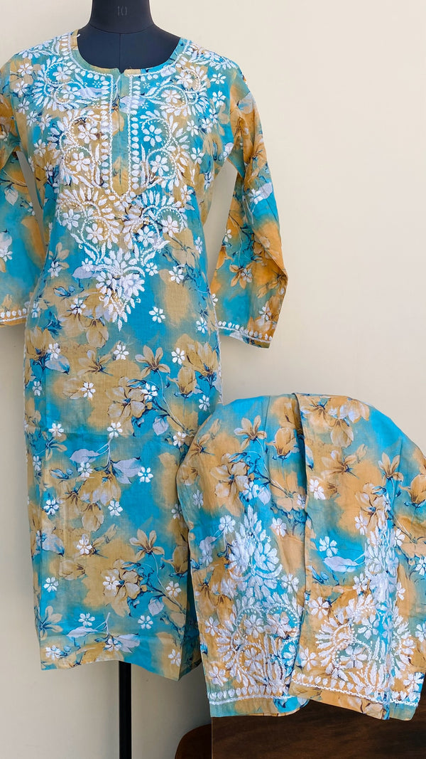 Lucknowi Chikankari Printed Co-ord Set Blue Mulmul Cotton