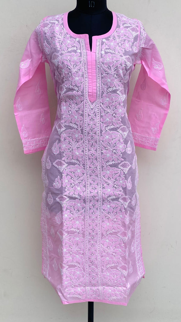 Lucknowi Chikankari Kurti Pink Cotton With Jaali Work