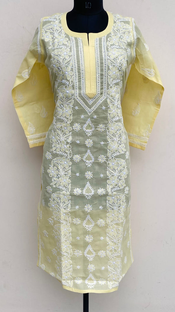 Lucknowi Chikankari Kurti Yellow Cotton With Jaali Work