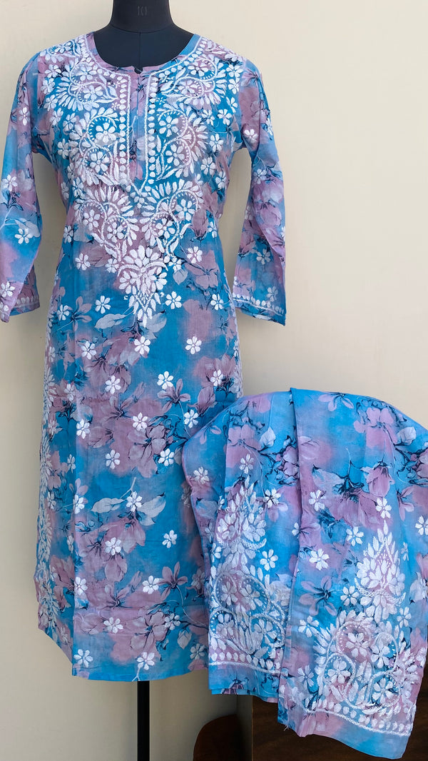 Lucknowi Chikankari Printed Co-ord Set Blue Mulmul Cotton