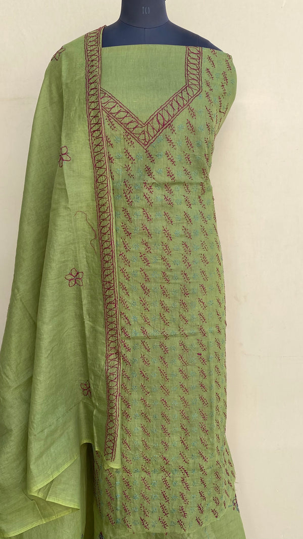 Lucknowi Chikankari Suit Length 3 Piece Mehndi Green Cotton With Embroidered Cotton Dupatta