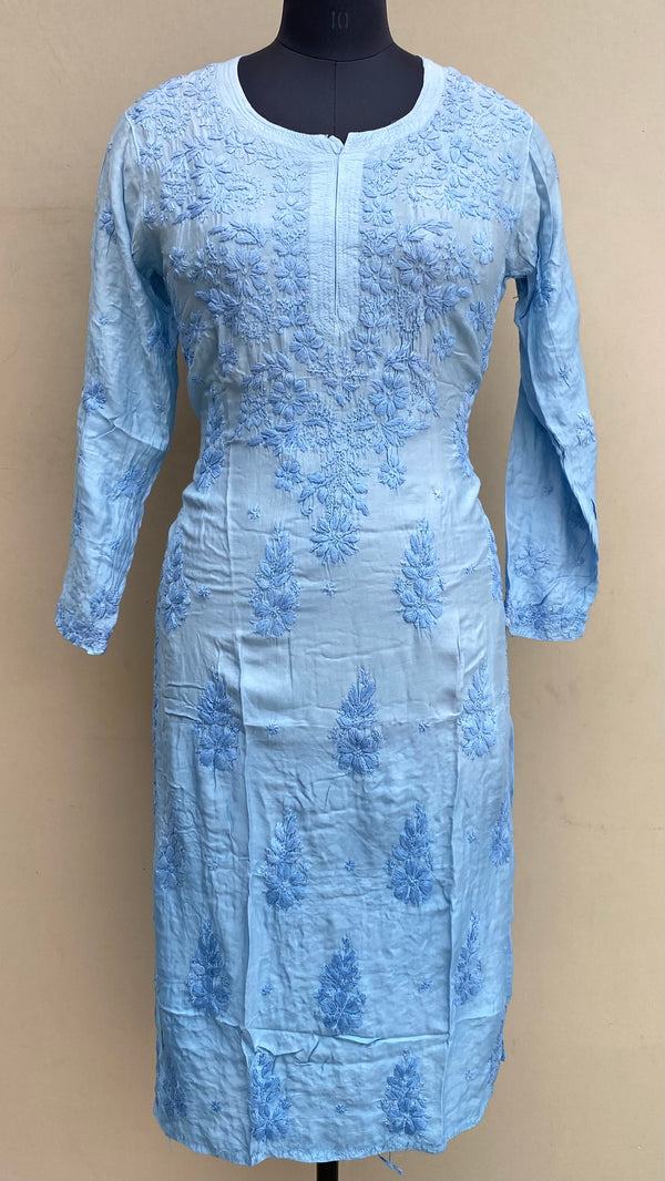 Lucknowi Chikankari Ombre Kurti Blue Muslin Cotton With Self 3D Work