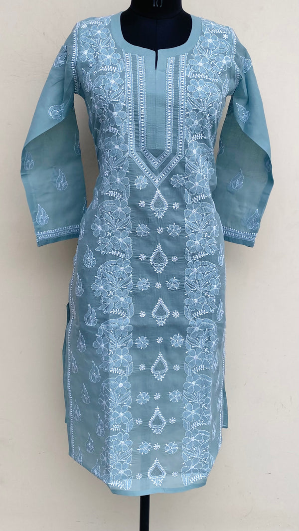Lucknowi Chikankari Kurti Gray Cotton With Jaali Work
