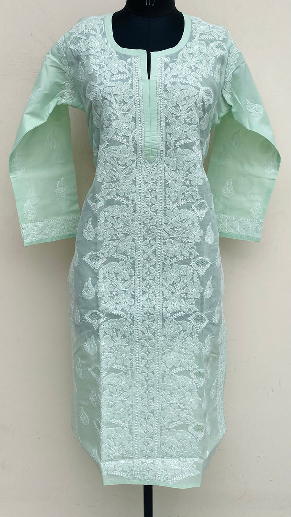 Lucknowi Chikankari Kurti Green Cotton With Jaali Work